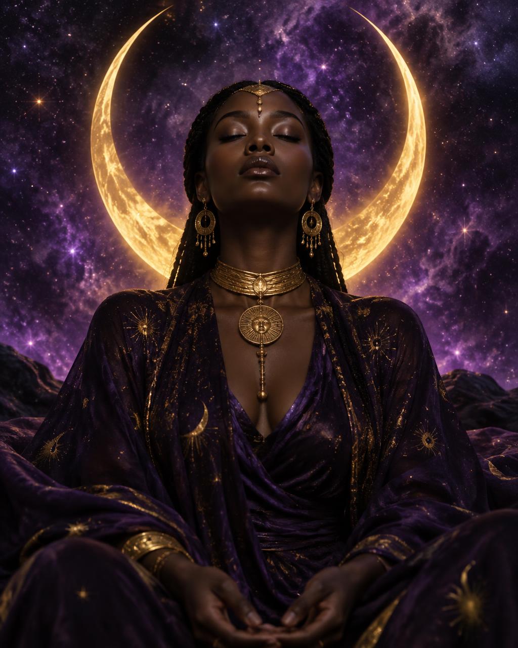 A serene woman in meditation with a glowing golden crescent moon halo